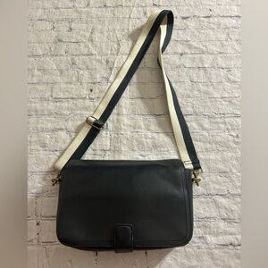 MADEWELL THE TRANSPORT FLAP SHOULDER BAG BLACK LEATHER WITH WEBBED STRAP